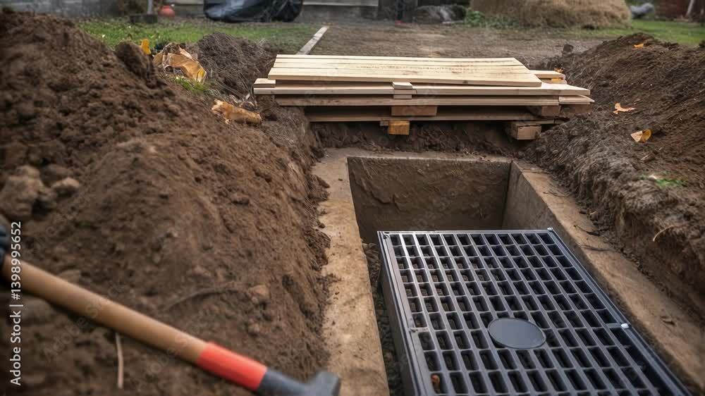 Poster A detailed shot of a drainage inlet being installed highlighting the grating and surrounding soil as well as tools resting nearby for the installation process.