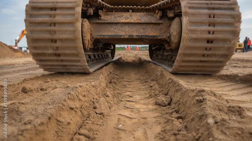 Poster A detailed shot of soil texture under the heavy tread of a tracked machine showcasing the displacement of earth as it flattens uneven ground for foundation work.