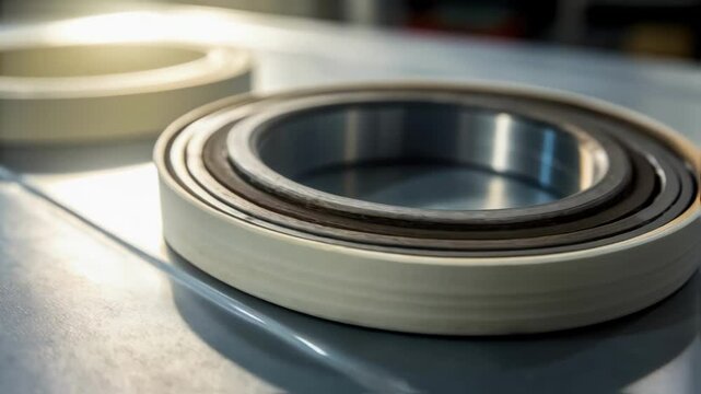 A detailed closeup of a freshly extruded rubber seal highlighting its smooth surface and precision edges illuminated by a soft but focused light source.