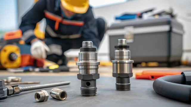 A detailed view of a highcapacity fuel pumps connector fittings with a worker inspecting for leaks showcasing tools and safety gear spread out on a nearby surface.