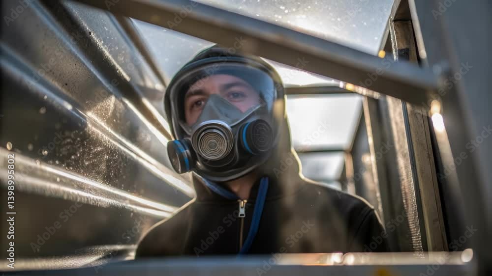 Aufkleber a dynamic closeup of a workers face partially obscured by a mask as they spray a chemical sealant on
