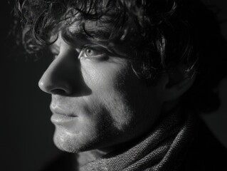 Fototapeta premium Close-up of a man's face in black and white with curly hair, thoughtful expression, scarf around neck, side profile highlighting light and shadow on features. No text present