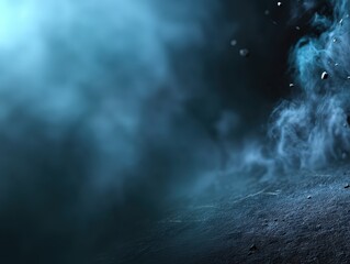 Mysterious scene with swirling blue smoke and scattered particles on a textured, dark surface, creating an atmospheric and moody ambiance. No text included
