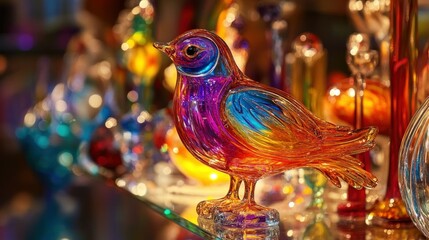 A beautifully colored glass bird sculpture is on display on glass