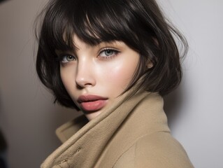 Young woman with dark hair and a bob haircut gazing at the camera, wearing a beige coat with a high collar. She has soft makeup, pink lips, and a serene expression