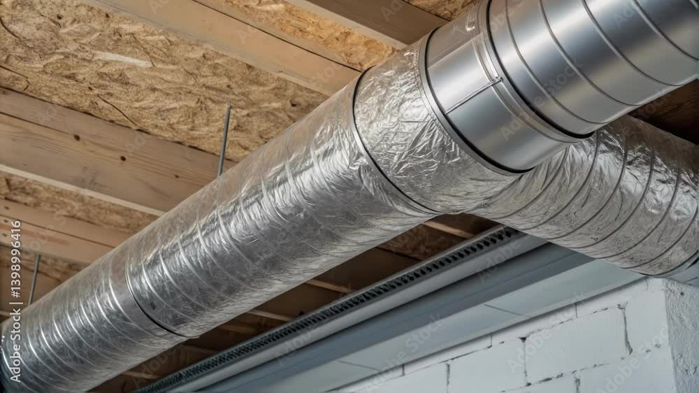 Poster A medium closeup emphasizing the sleek modern design of ventilation ducts being installed along a ceiling with the contrasting textures of metal and insulation visible.