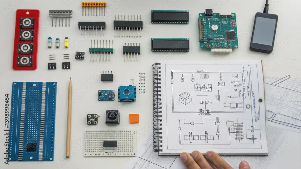 Poster A medium closeup featuring a variety of electronic components spread on a design table including sensors and relays with engineers actively sketching ideas on a notepad beside