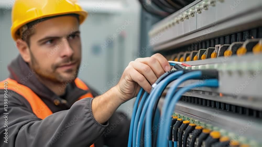 Aufkleber A medium closeup featuring a worker attaching a heavy electrical cable to a backup power system their brow furrowed in concentration as they ensure a solid connection.