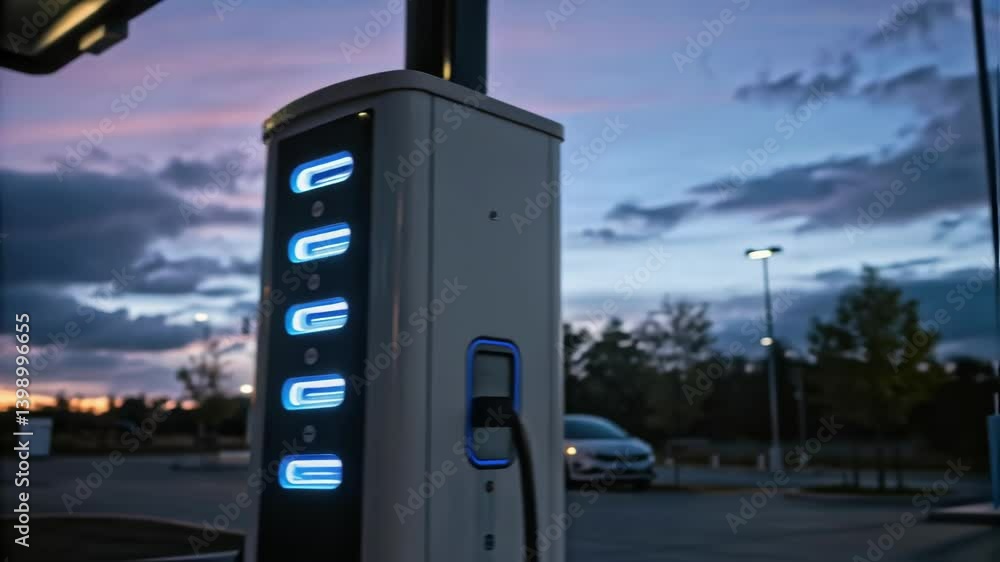 Poster A medium closeup of a charging stations LED indicators glowing in soft blue light providing visual feedback on its operational status against a dusky evening sky.