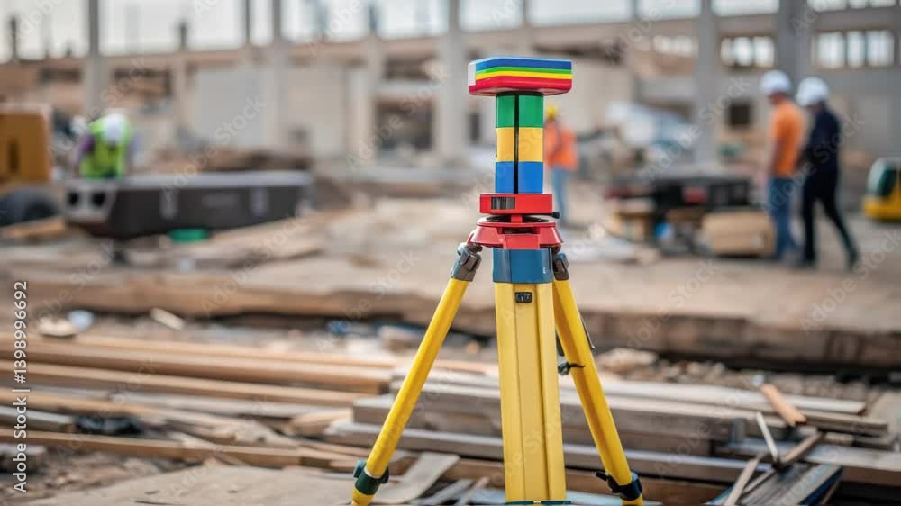 Poster A medium closeup of a colorful surveyors marker within a chaotic construction site surrounded by tools and machinery symbolizing the organized chaos of precision in construction
