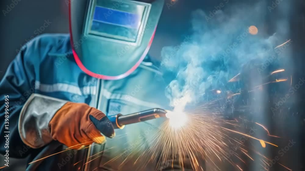 Poster a medium closeup focusing on a welders hand gripping a welding torch with vivid orange sparks erupti
