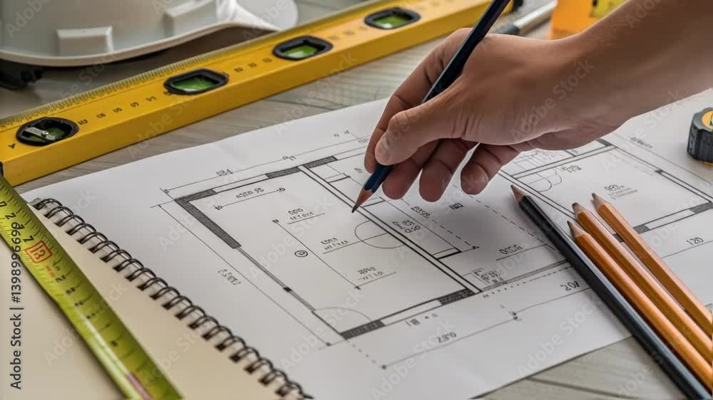 Aufkleber a medium closeup of a construction blueprint and tools laid out on a workbench illustrating the plan