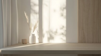 3D rendering of a white wall mockup in a living room interior design, with a modern minimalist style featuring wooden elements and natural light from the window