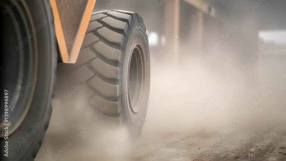 Poster a medium closeup of a forklifts tires gripping the ground showcasing the industrial tread pattern de
