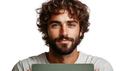 A man with a beard and curly hair holding a laptop ideal for technology and business themes