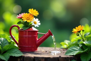 Watering can with flowers and greenery , watering can, garden