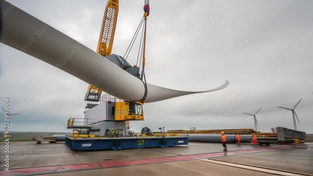 Poster a medium closeup of a hydraulic crane lifting a turbine blade high above the deck of a barge showcas