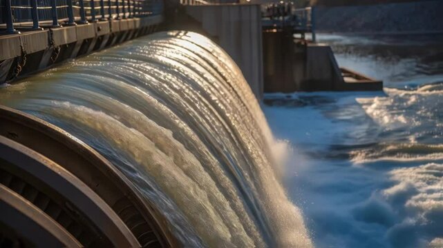 A medium closeup of a hydropower turbine with water cascading through it glistening droplets reflecting sunlight and industrial machinery visible along the riverbanks.