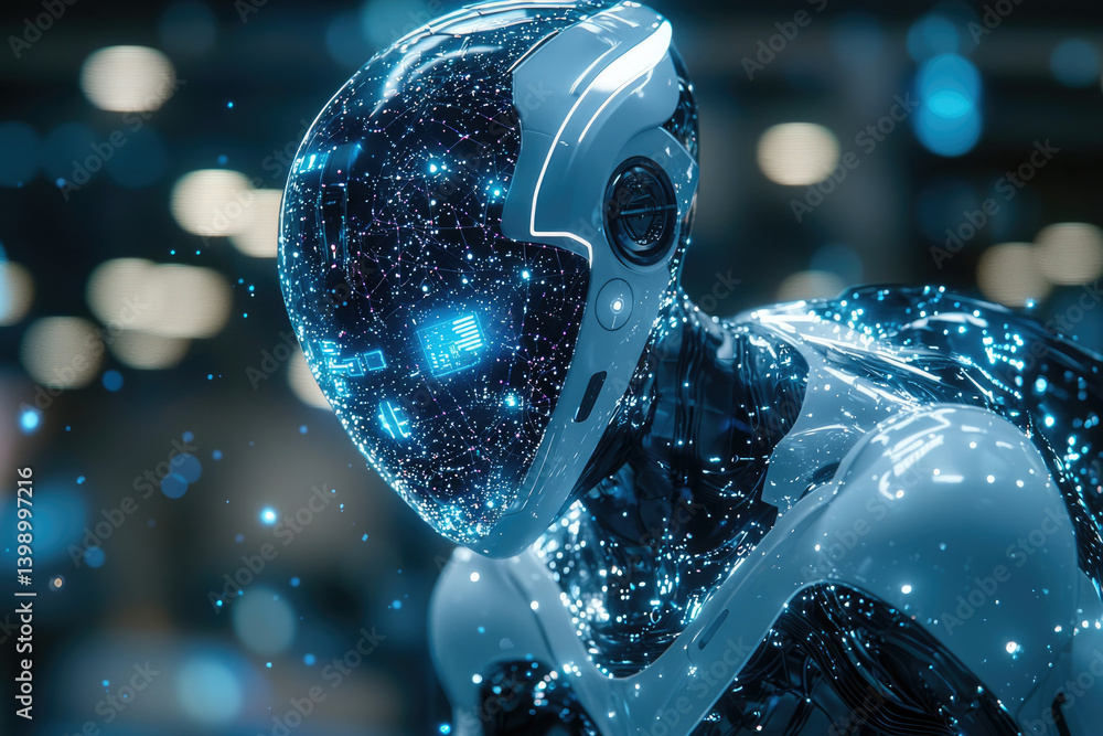 Poster futuristic robot with glowing blue network inside its helmet, digital art.