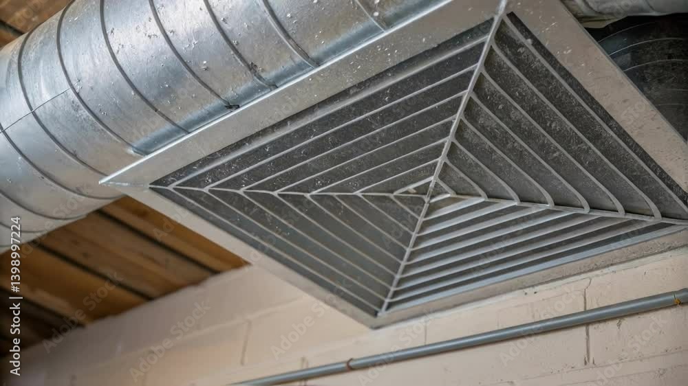 Poster A medium closeup of an air purification units ductwork with visible condensation highlighting potential issues in moisture management and the need for regular assessment.