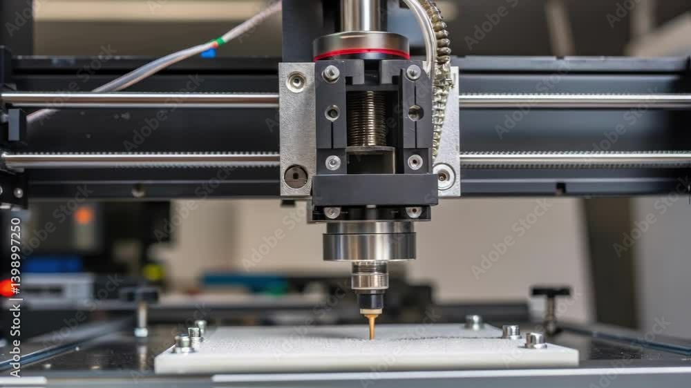 Aufkleber A medium closeup of an automated nozzle mechanism poised to activate tying in elements of engineering with a focus on the intricate moving parts and sensors.