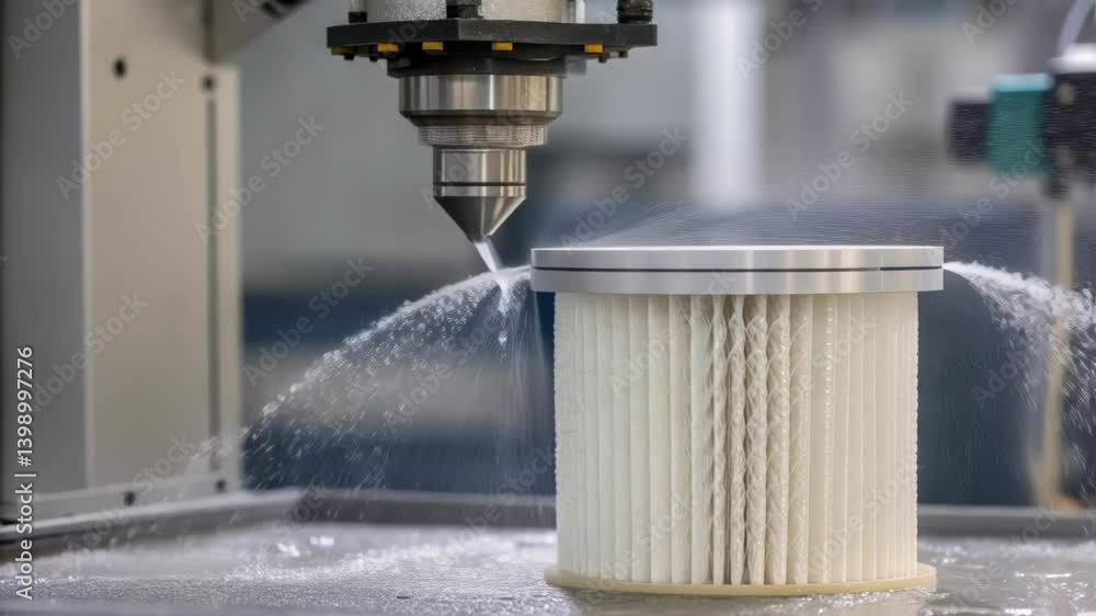Aufkleber A medium closeup of a mechanical arm gripping a filter cartridge with water cascading down highlighting the precision engineering involved in the process.