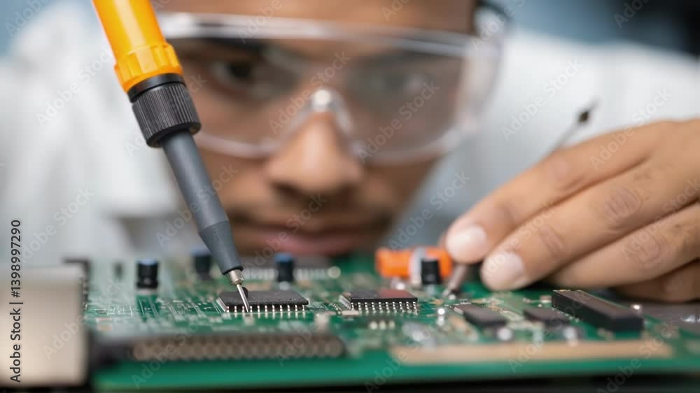 Aufkleber a medium closeup of an assembly worker wearing safety goggles carefully soldering electronic compone