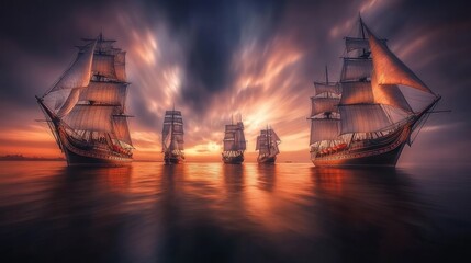 A fleet of Viking vessels featuring distinctive sail patterns navigates turbulent waters in the direction of the descending sun, embodying a spirit of adventure and historical discovery