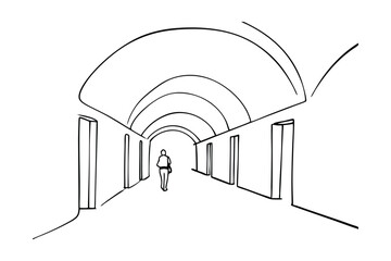 Handdrawn Illustration Of A Person Walking Down An Arched Corridor With Doors On Both Sides In Black And White