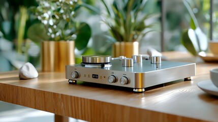 Sleek audio amplifier on wooden table