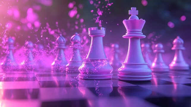 Chess strategy unveiled a captivating and inspirational battle of white pieces, presented in a unique blend of mystical light digital art on a dark background