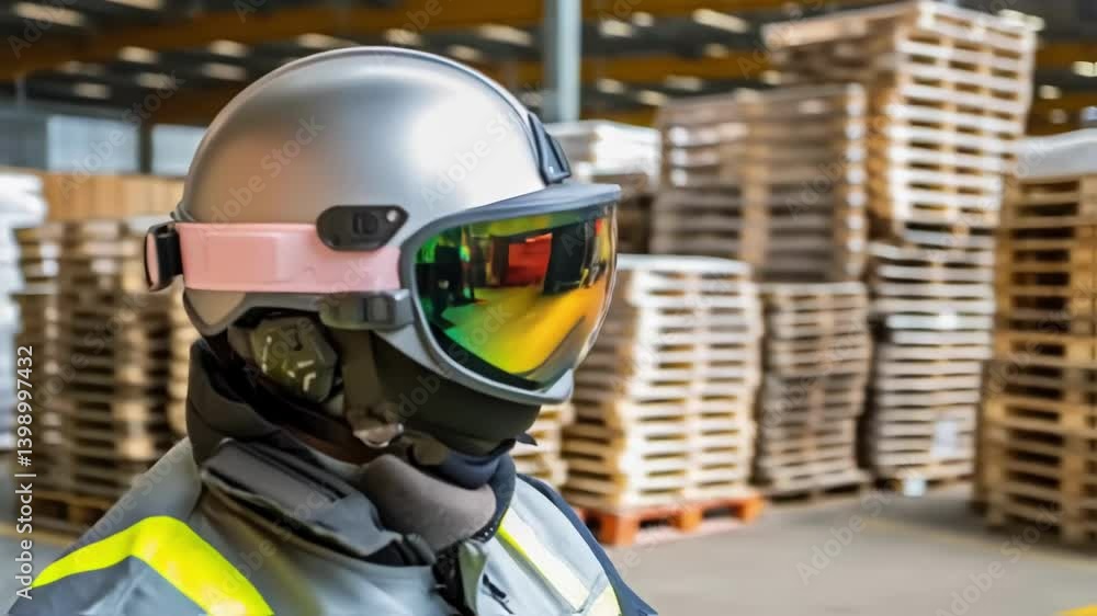 Aufkleber A medium closeup of an operators helmet adorned with a reflective visor reflecting the bright colors of safety vests and equipment in the background as pallets are being unloaded.