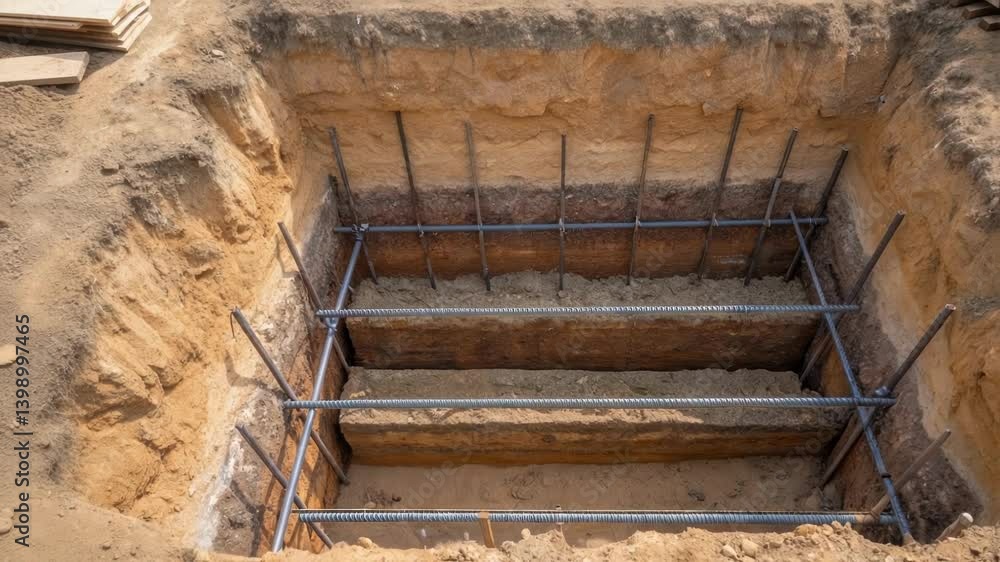 Leinwandbilder a medium closeup of an overhead view of the excavation site showing the layered earth and steel supp