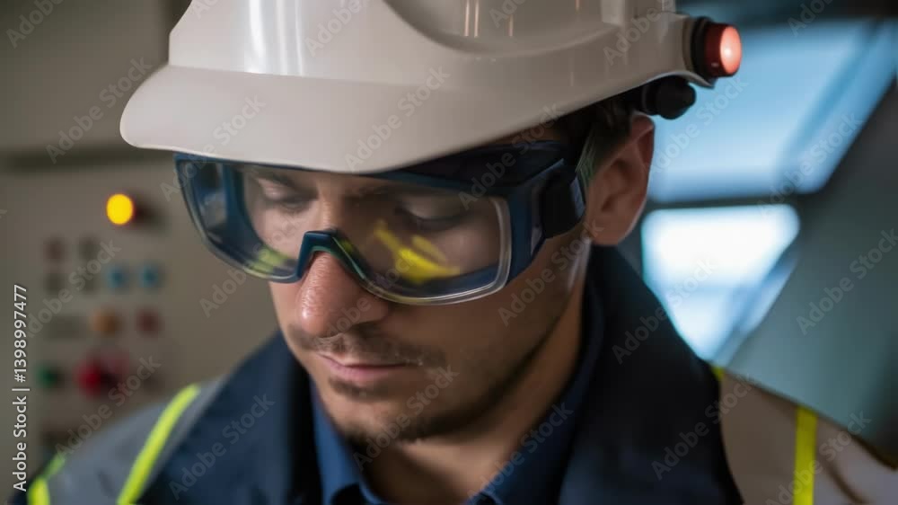 Poster a medium closeup of an operator wearing safety glasses observing the pumps operation on a nearby mon