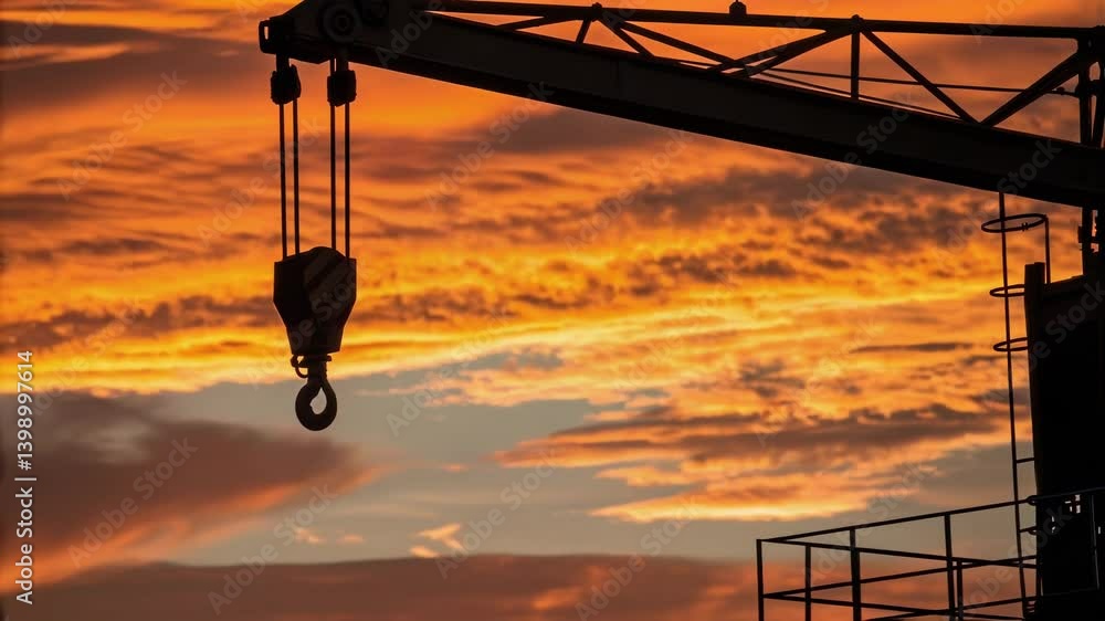 Poster a medium closeup of a rotating crane arm silhouetted against a sunset capturing the interplay of sha