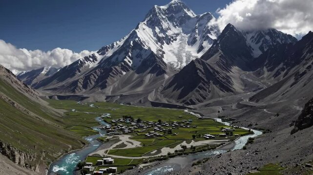 Wide-angle video captures majestic snow-capped mountains under a clear blue sky, emphasizing vastness and natural beauty from a low perspective.