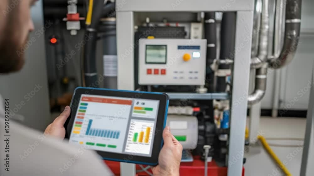 Fototapete A medium closeup of a technician using a tablet to monitor system diagnostics the screen displaying graphs and statistics while they stand amidst the equipment.