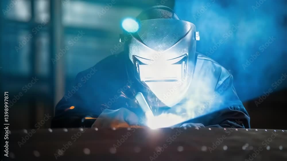 Poster a medium closeup of a welder in a protective mask sparks flying as they diligently weld the base of 