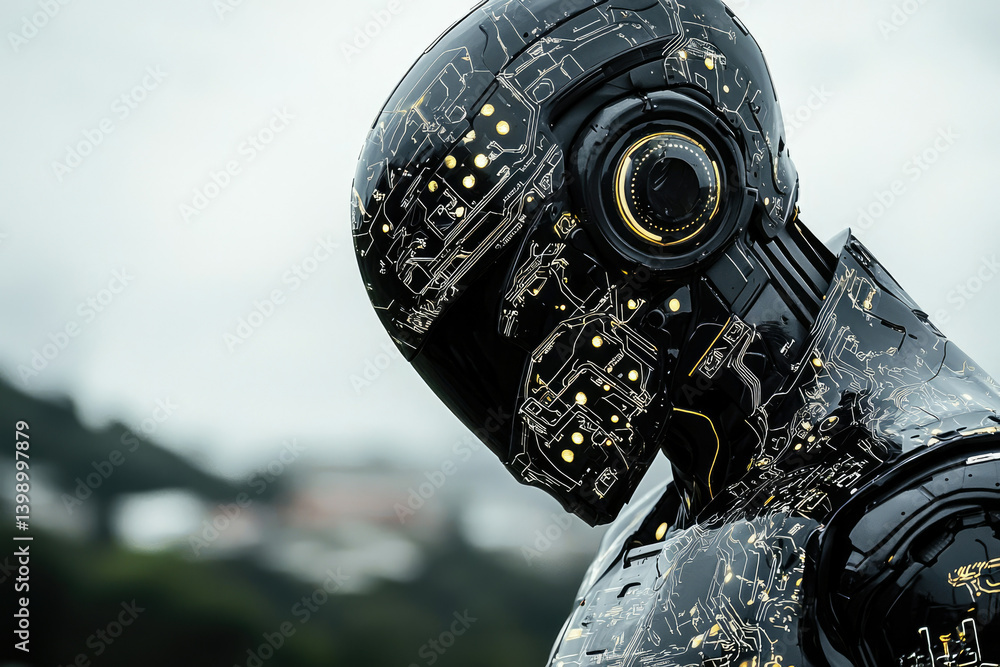 Aufkleber a futuristic robot, its sleek black armor adorned with glowing circuit patterns, stands in contempla