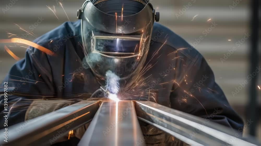 Poster A medium closeup of a welding torch creating bright sparks as two metal rails are being joined together emphasizing safety goggles and protective gear.