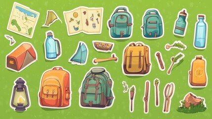 Colorful Cartoon Camping Gear Illustration Set