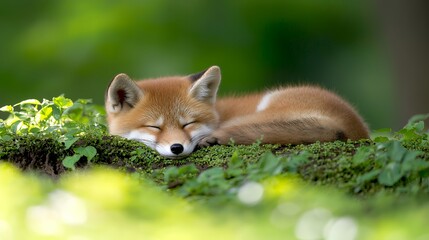 Obraz premium Sleepy red fox cub in natural habitat