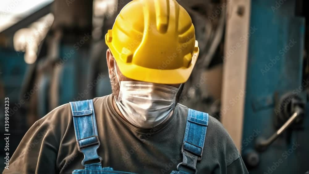 Aufkleber A medium closeup of a worker wiping sweat from their brow the mask creating a sense of labor intensity against a backdrop of machinery.
