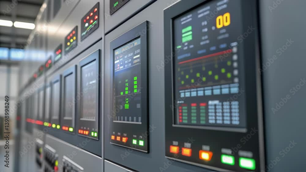 Fototapete A medium closeup of digital control panels displaying realtime data graphics with bright LED indicators showing operational statuses in a modern factory environment.