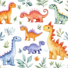 Seamless Watercolor Dinosaur Pattern with Cute Cartoon Dinosaurs in Bright Pastel Colors