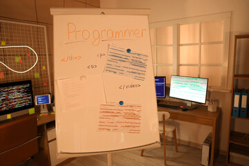 Flipchart with programming code in office at night