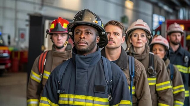 A medium closeup of diverse workers practicing a fire drill in a training area with expressions of concentration and seriousness.