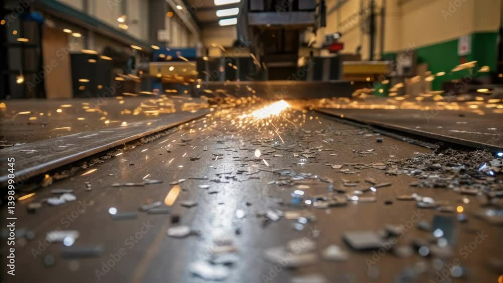 Poster a medium closeup of metal shavings and debris tered across the workshop floor reflecting light from 