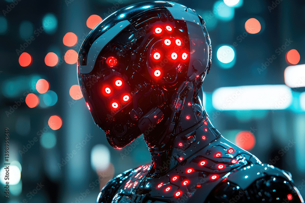 Poster a sleek, futuristic android with glowing red sensors stands in a vibrant city backdrop.