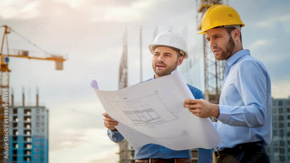 Poster A medium closeup of workers in hard hats discussing blueprints with a partially assembled tower rising in the background capturing the collaboration and planning involved in the